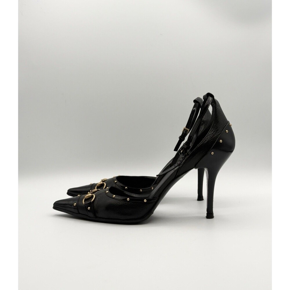 Gucci Black Leather Horsebit Studded Pointed Toe Ankle Strap Heels Size EU 38 - Picture 5 of 14